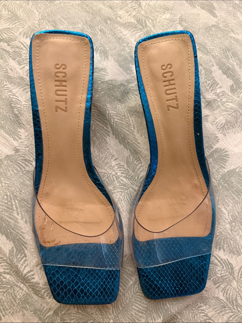 Schutz Blue Metallic Snake-Print Clear Strap Slide Sandals
